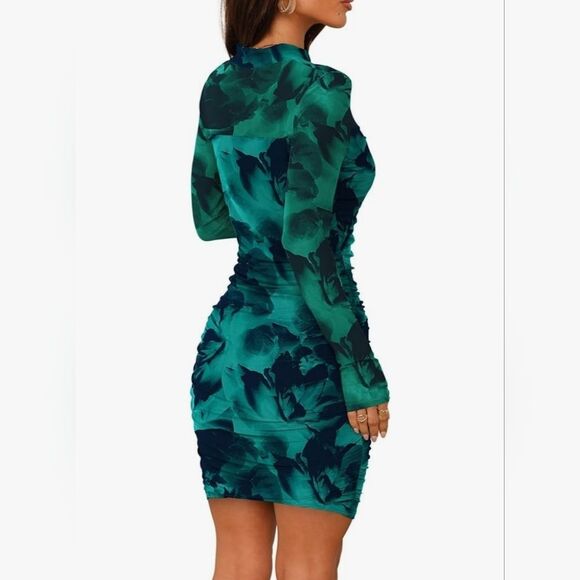 🔸️NWT Emerald Blue Floral Bodycon Mesh Long Sleeve Dress Small - Picture 14 of 16